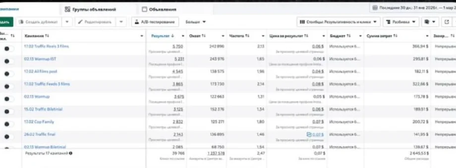 Скриншот Meta Ads — 17 кампаний фестиваля